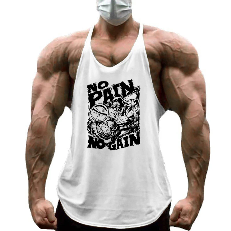 NO PAIN NO GAIN Print Gym Fitness T-Shirt Mens Bodybuilding Sport Sleeveless Vests Cotton Breathable Y-back Suspenders Tank Tops