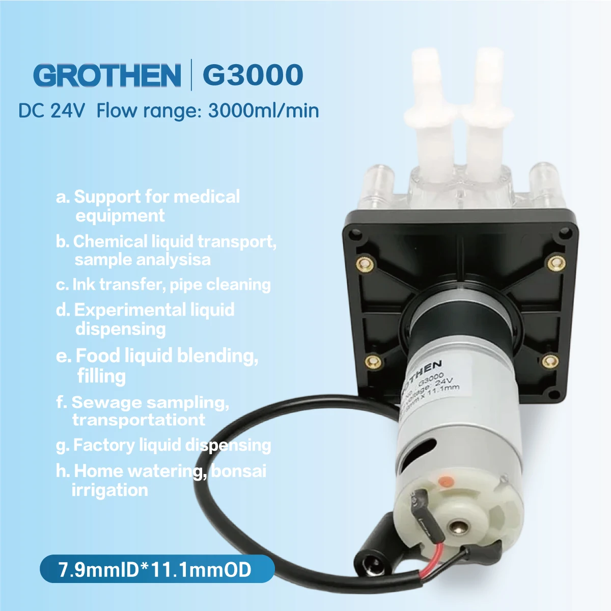 GROTHEN DC 24V Peristaltic Pump Large Flowrate Liquid Dosing Pump 3000ml/min 3 Rollers with Food-grade PHARMED BPT Tube