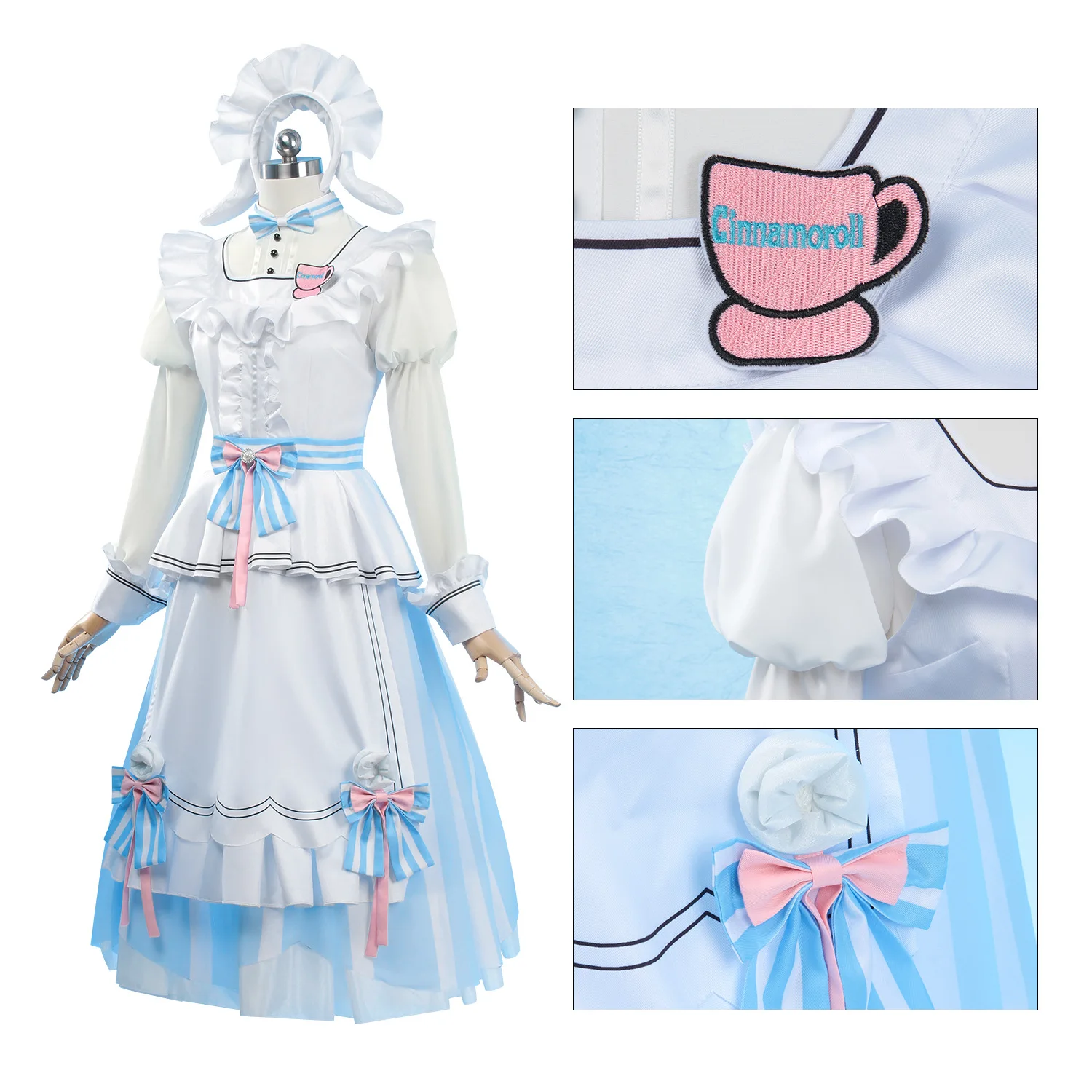 Otori Emu Cosplay Costume from Project SEKAI Blue White Maid Outfit with Hat, Bows and Cinnamoroll Badge for Women Girls Cosplay - view 3