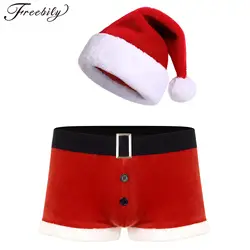 Mens Christmas Velvet Outfits Boxer Shorts with Xmas Hat New Year Party Santa Claus Cosplay Costume Lingerie Nightwear Clubwear