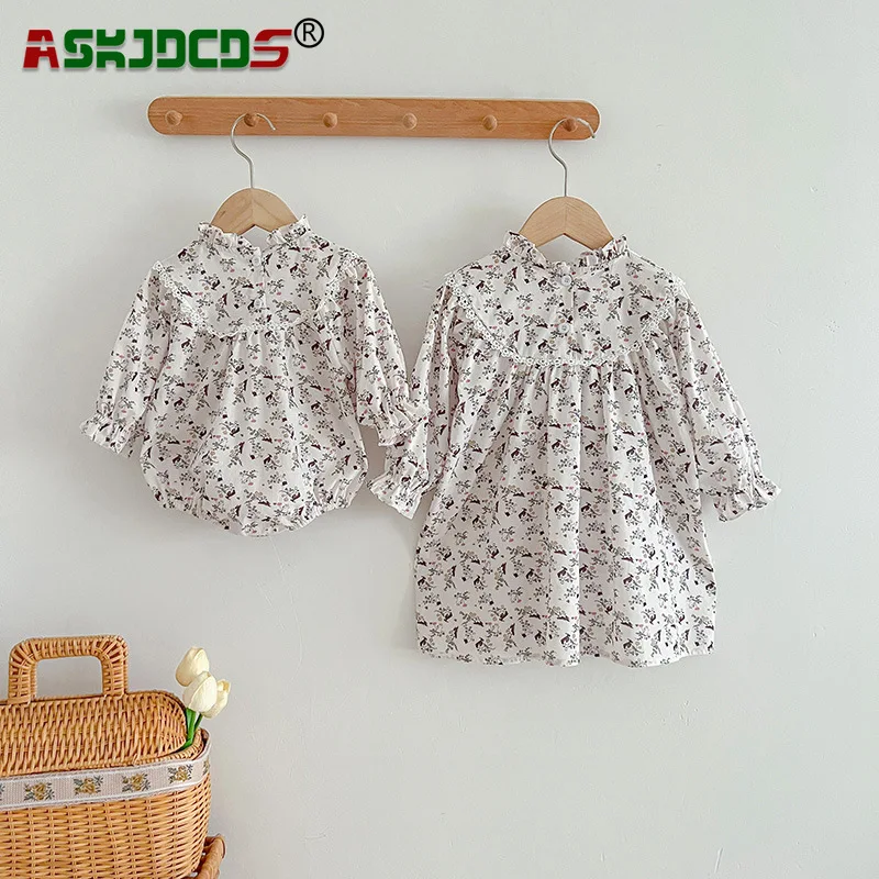 

2023 New In Children Clothing A Perfect Match! Autumn Floral Romper for Kids Baby Girls + Lace Trimmed Dress Sisters