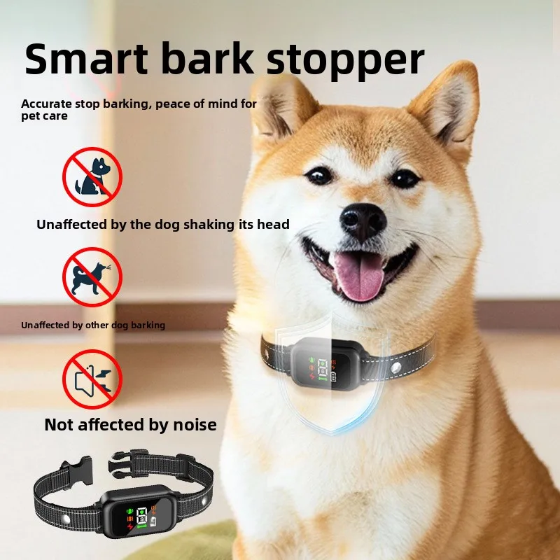 New Color-Screen Nylon Rope Anti-Barking Device Smart Pet Collar Adjustable Shock Ultrasonic Vibration Automatic Bark-Deterrent