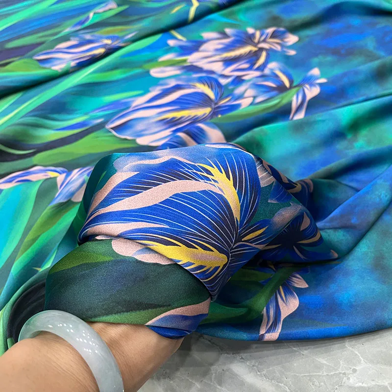 Brand Fashion Design Fabric Imitation Silk Satin Emerald Floral Dress Soft Draping Thin Cloth Diy Sewing Material Wholesale