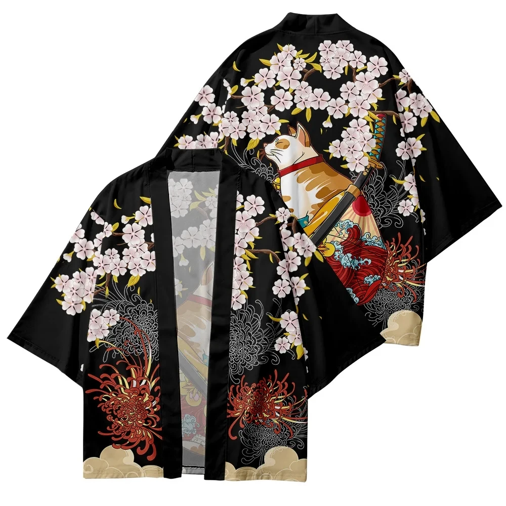 Traditional Japanese Kimono Shirt with Haori and Yukata, Harajuku Samurai Cat Print,Perfect for Cosplay and Parties