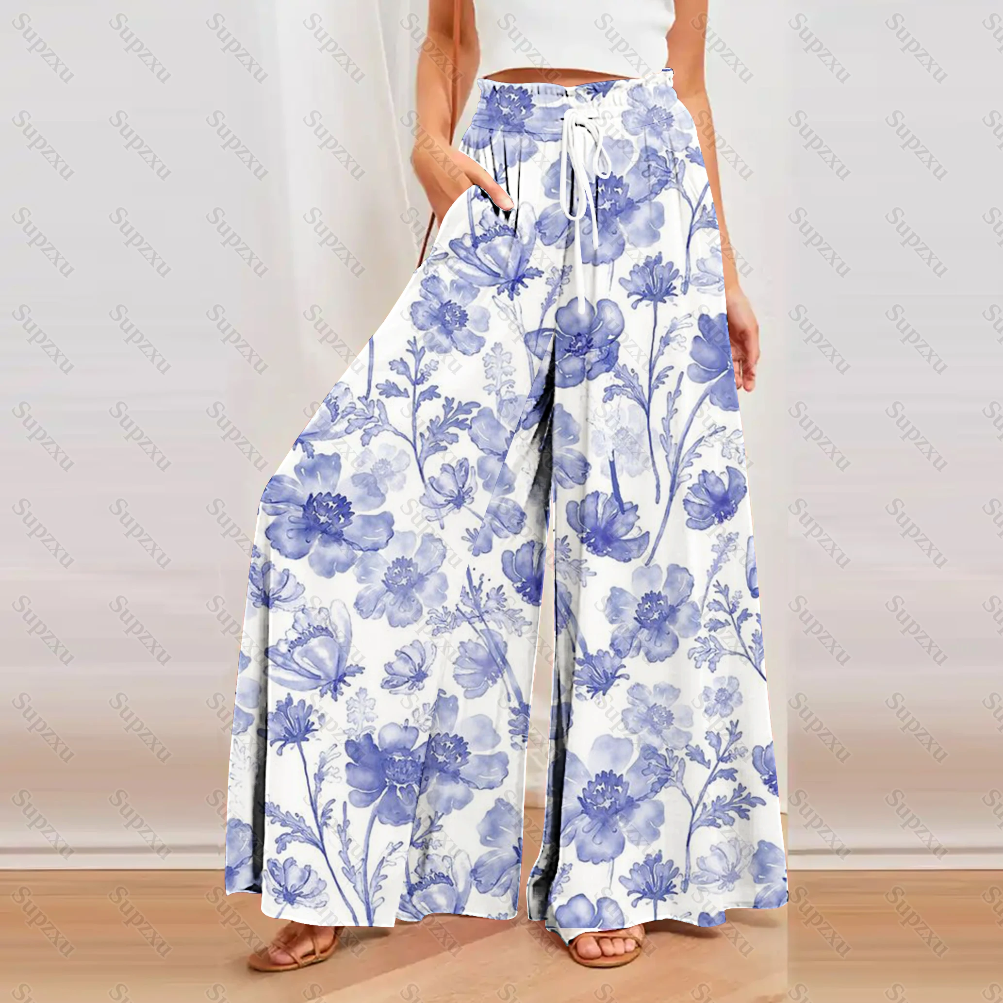 Women's Trousers High Waist Wide Leg Pants Fashion Printed Loose Trousers Belt T-shirt Casual Short Sleeve Elegant Women's Set