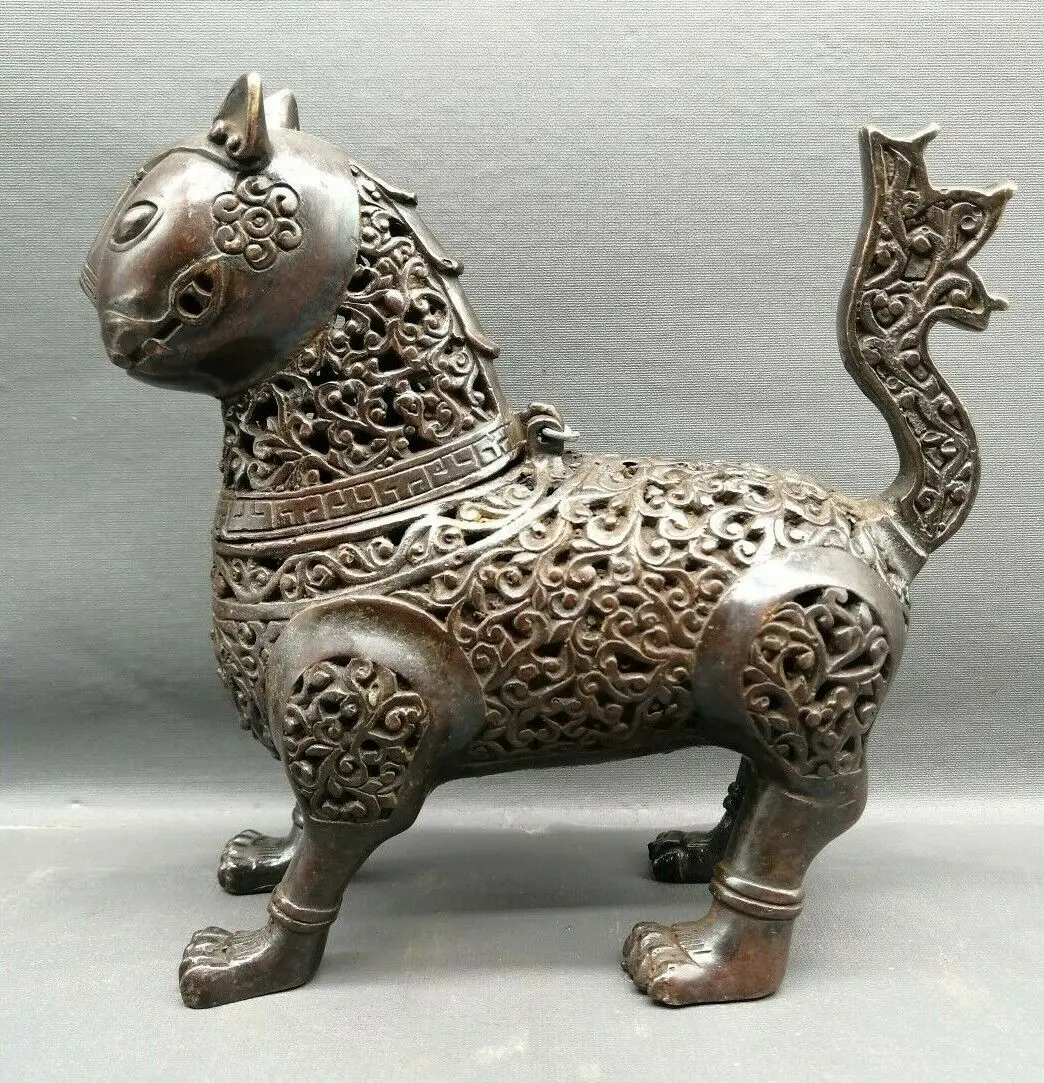 

decor Fengshui old copper bronze Hollow out God beast Big Statue Incense burner