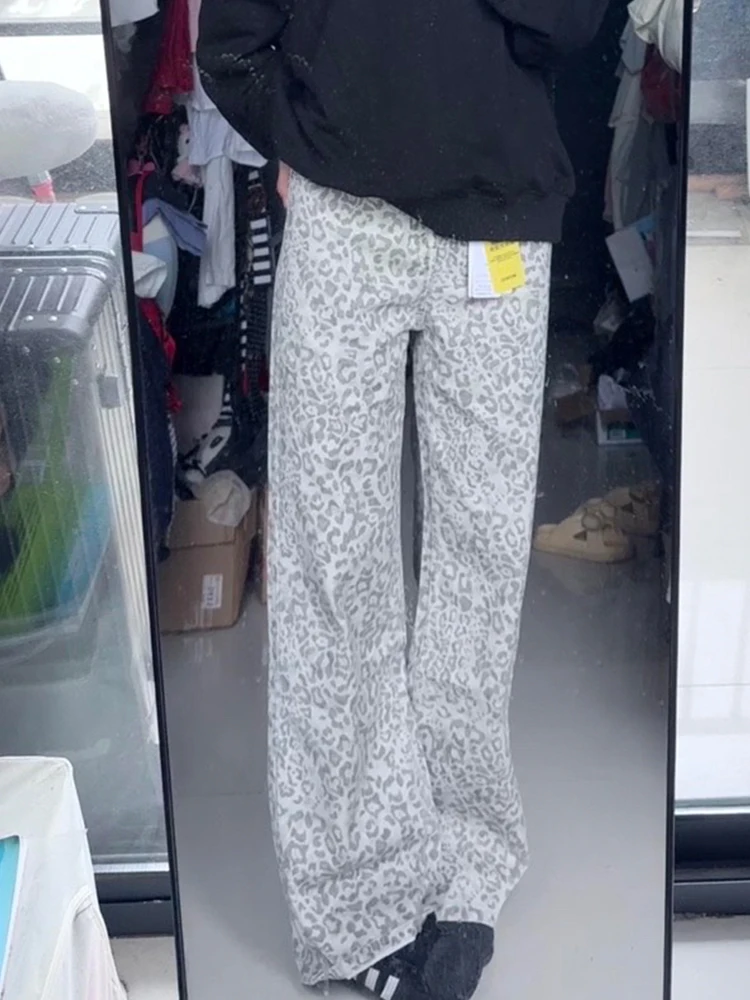 대형 사이즈 아메리칸 슬레 웨드 레오파드 프린트 청바지 여성용 가을 겨울 루즈 스트레이트 레깅스 레트로 슬리밍 팬츠