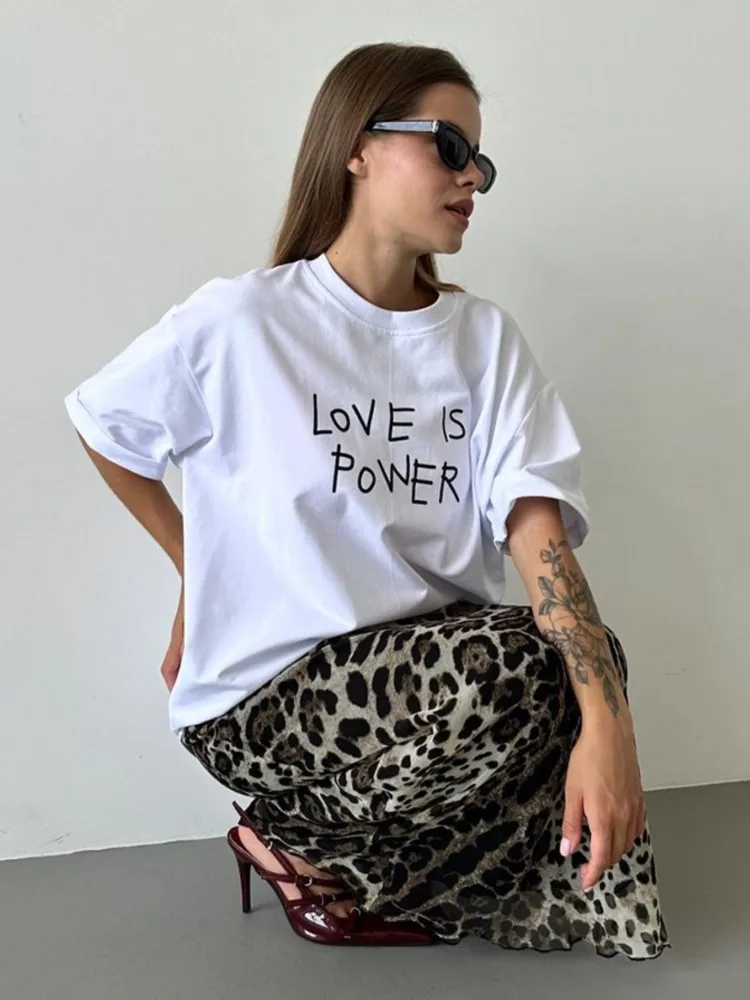 

LOVE IS POWER Letter Print Street Women T-shirts 2025 New Round Neck Simple All-match White Summer Tee Short Sleeve Casual Top
