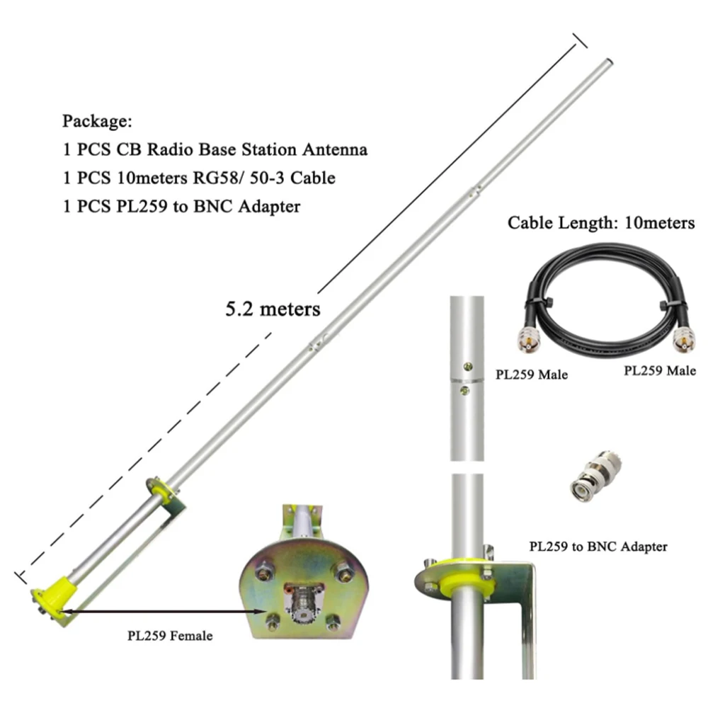 5.2meters 27MHz CB Base Antenna Ham Radio Base Station Antennas Kit for Home Cobra Uniden Bearcat Mobile Ham CB Two Way Radio