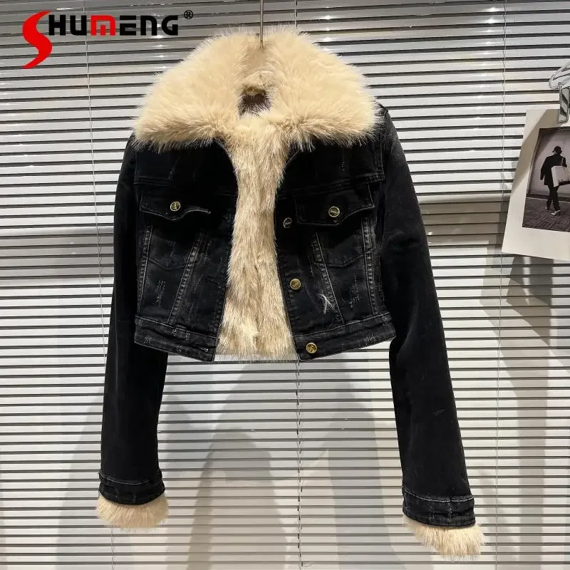 Environmental Protection Fur Collar Quilted Denim Jacket Women's Short Black Jean Coat Autumn Winter Faux Fur Coats Top Outwear