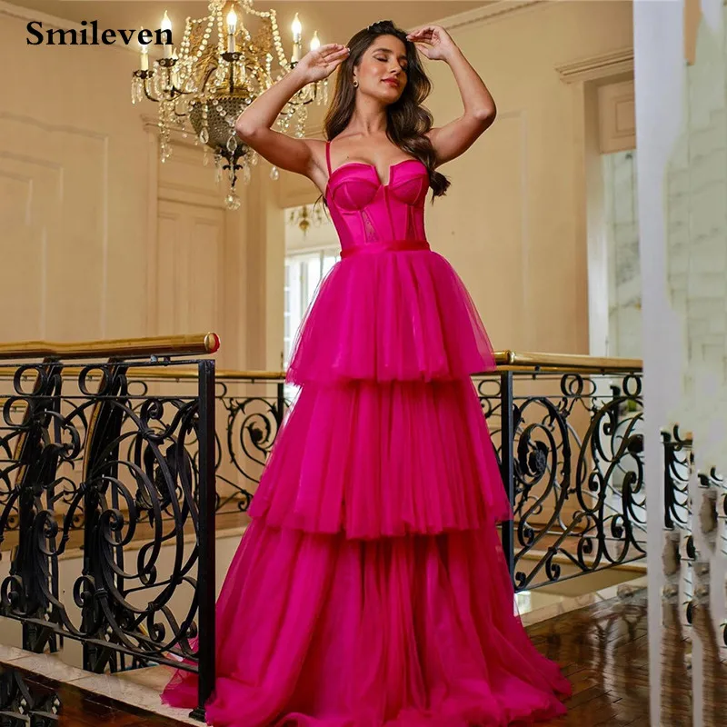 

Smileven Fashion Hot Pink A Line Prom Dresses Beach Sweetheart Tiered Floor Length Evening Party Dress 2023