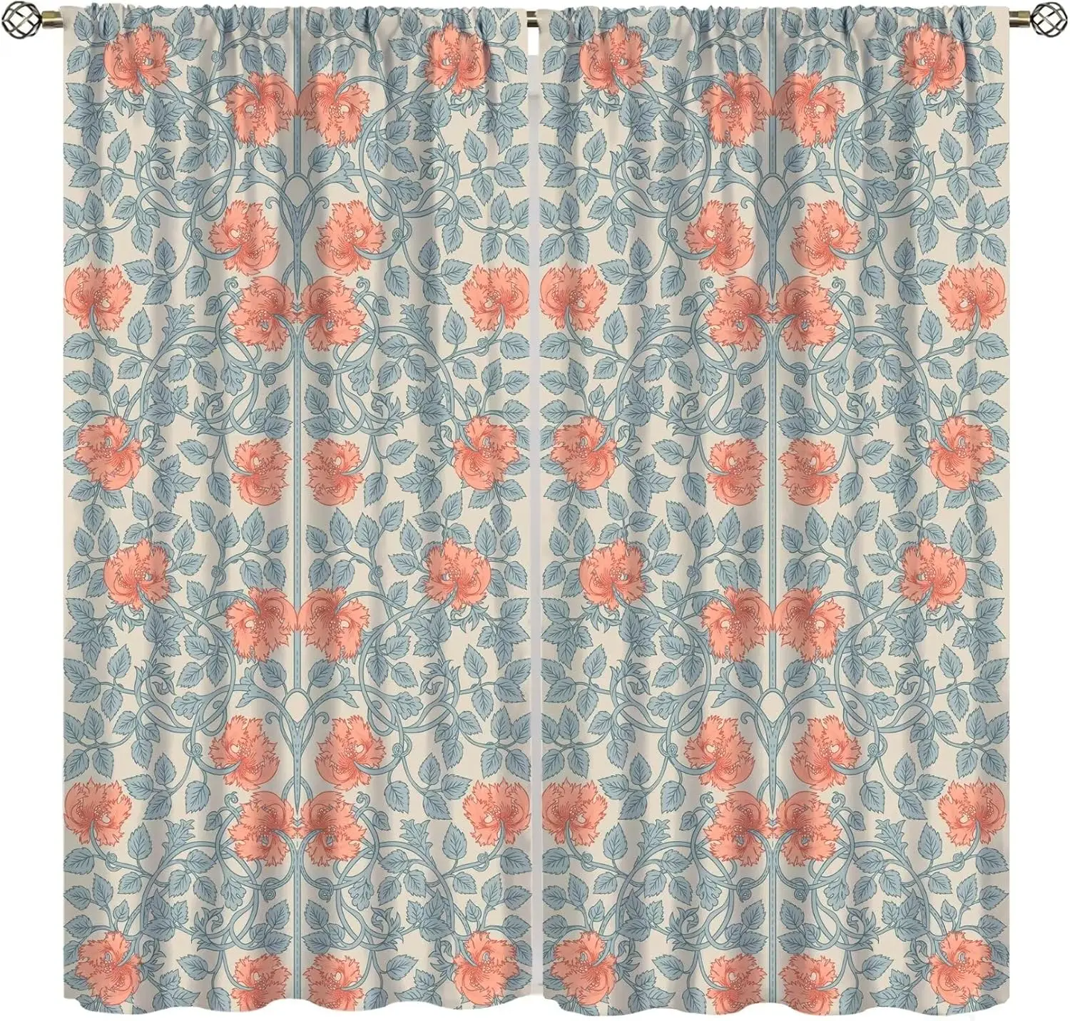 William Morris Curtain, Vintage Art Beige Rustic Pink Floral Botanical Bird Art Design Rod Pocket Blackout Window Drapes for