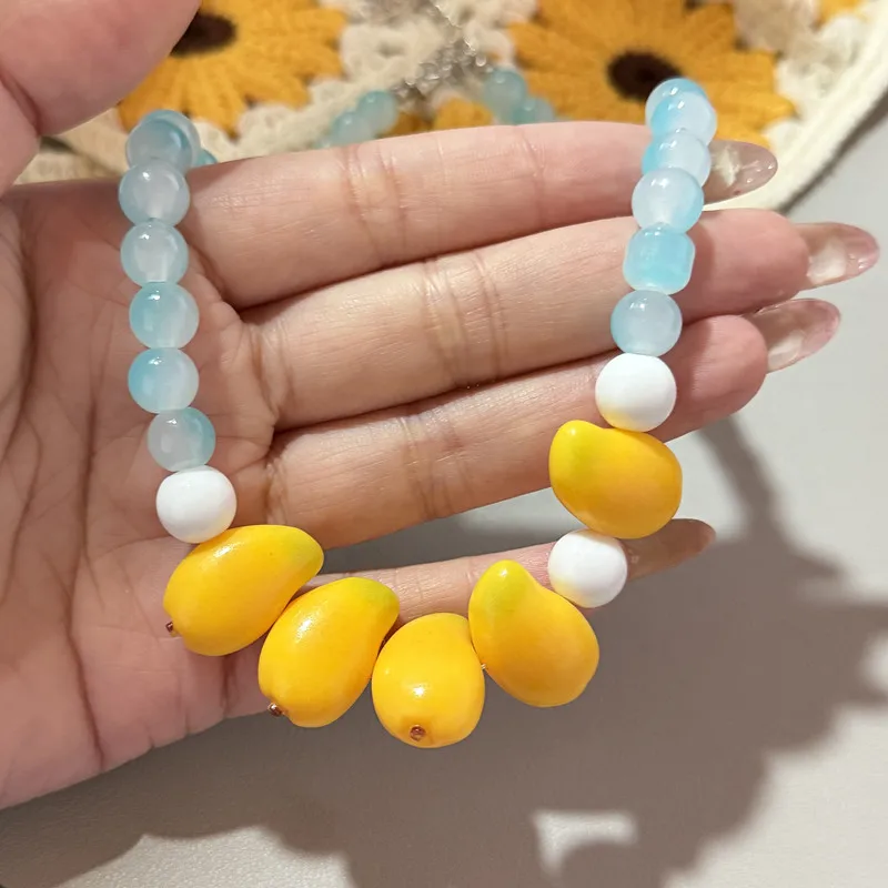 3D Fruit Simulation Strawberry Lemon Bead Necklace with Sparkling Glass Beads Cute Exaggerated Jewelry Gift - view 3