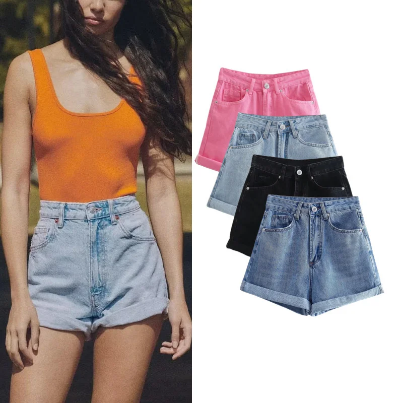 High Waist Cuffed Denim Shorts Women's Versatile Slim Straight Pants Trendy Casual Style All Seasons Pure Color Jeans Shorts