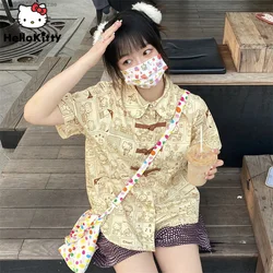 2022 Summer New Korean Style Salt Girl Blouse Versatile Design Sense Top Cute Cartoon Printed Button Up Shirt Y2k Tops For Women