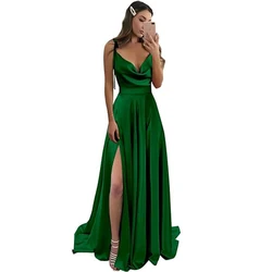 Customized Elegant Women Maxi Beach Satin Dress Sexy Leg Slit Lace up Evening Prom Gown Adjustable Straps Bridesmaid Dresses