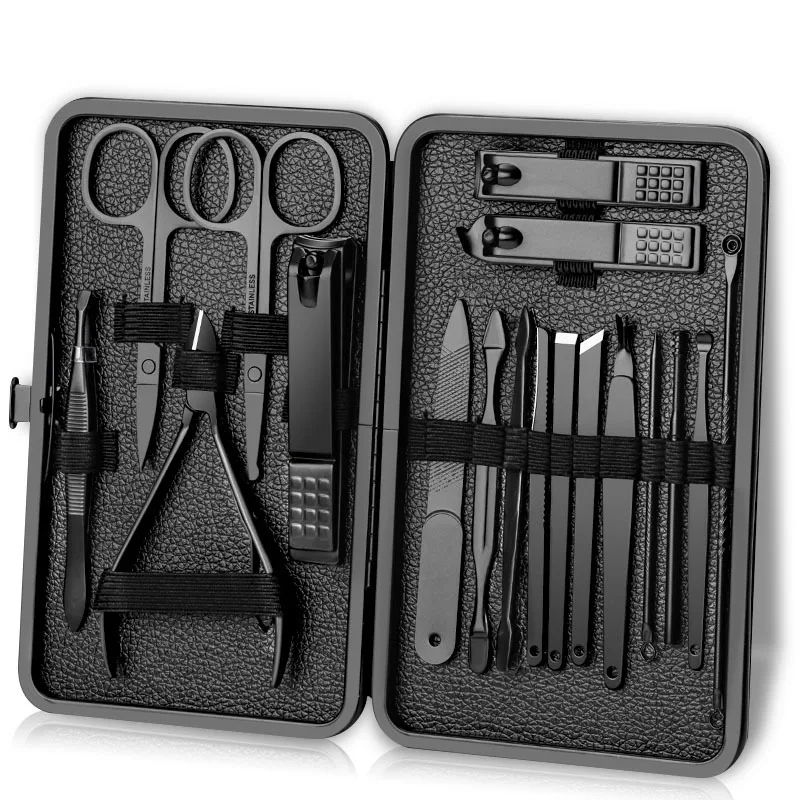 

Набор кусачек для ногтей из черной нержавеющей стали, 18 шт., кусачки для ногтей, кожаные кусачки, триммер для ног, игла от прыщей, косметический инструмент