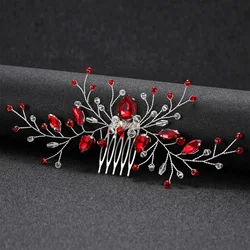 Wedding Hair Combs Hair Accessories Red Color Rhinestone Hairpins Clips Silver Color Metal Headpieces for Bride Novia Jewelry