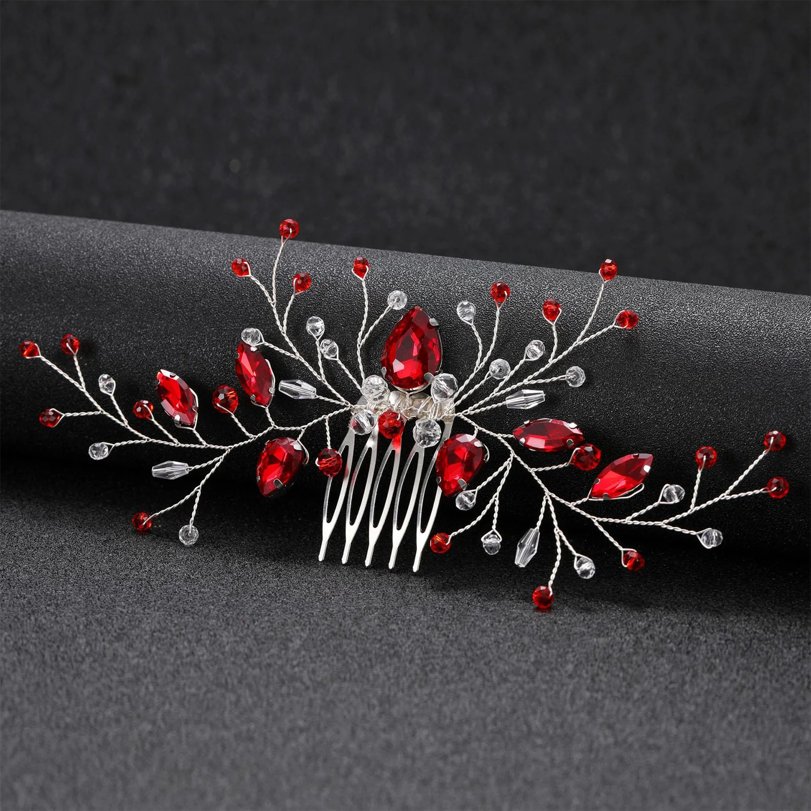 Wedding Hair Combs Hair Accessories Red Color Rhinestone Hairpins Clips Silver Color Metal Headpieces for Bride Novia Jewelry