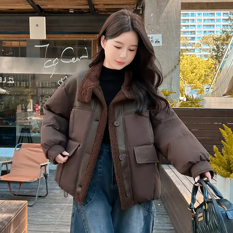 

Women PU Leather Parkas Coat Spliced Shearing Jacket Oversize Solid Turn Down Collar Loose Thick Casual Office Lady Winter 2025