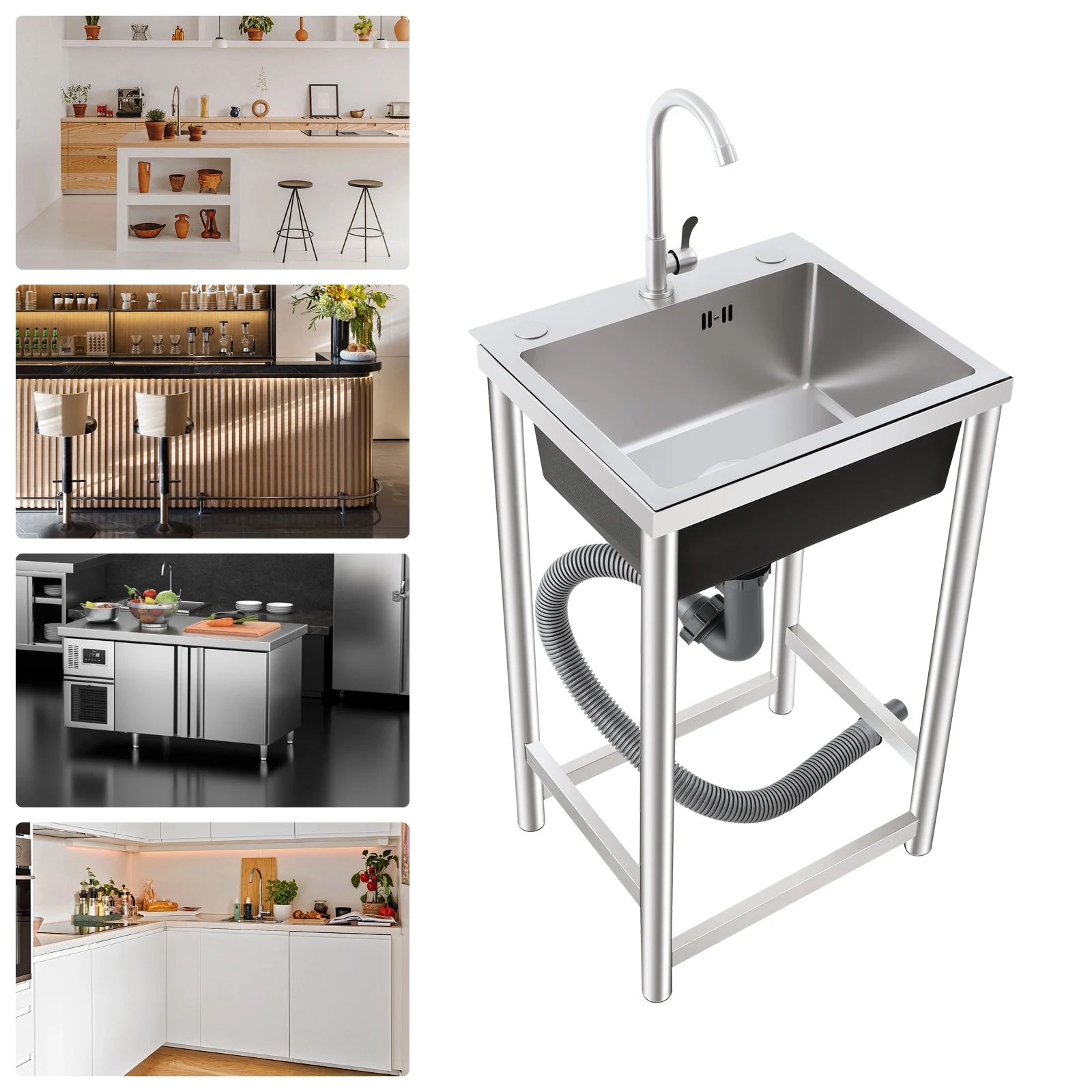 Commercial Kitchen Taps - ユーティリティシンク ステンレス製 シングルボウル キッチンシンク 360度回転式 °