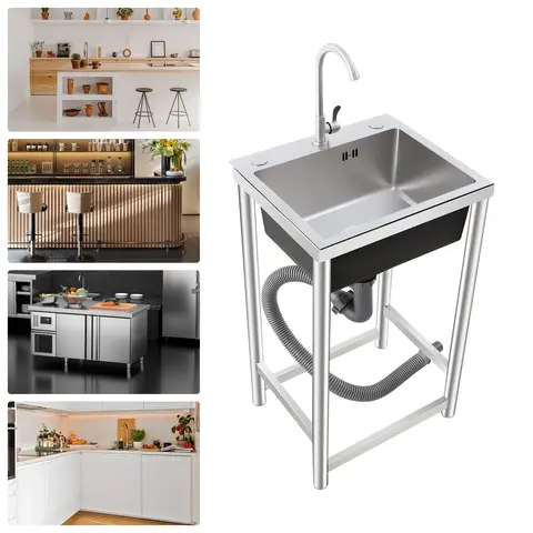 Utility Sink Stainless Steel Single Bowl Kitchen Sink with 360° Rotatable Faucet and Strainer Basket, Free Standing Commercial Sink, fits for Restaurant, Laundry, Garage, Garden and Backyard