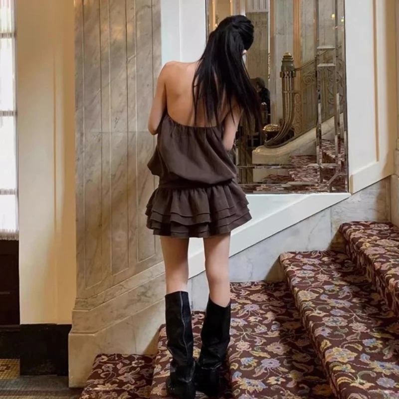 

Coffee-colored Hanging Neck Bud Dress Female Summer Splicing Skirt Loose Atmosphere Sleeveless Skirt
