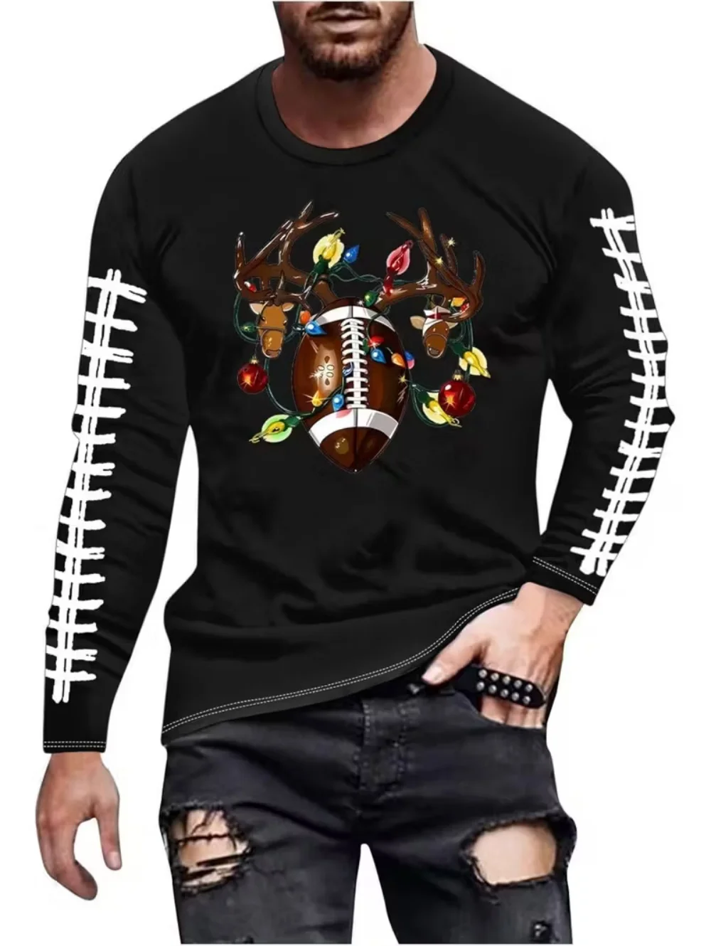

Autumn Rugby Christmas Printed Men's Long Sleeve T-shirt Holiday Casual Cute Santa Claus Graphic Tops Outdoor Casual Men Clothes