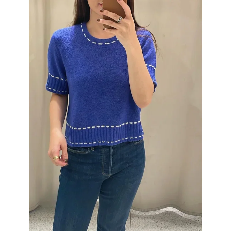 Ladies Commuter Style Knitted Ribbed Top Casual Blue Short Sleeve round Neck Pullover Fashion Female New