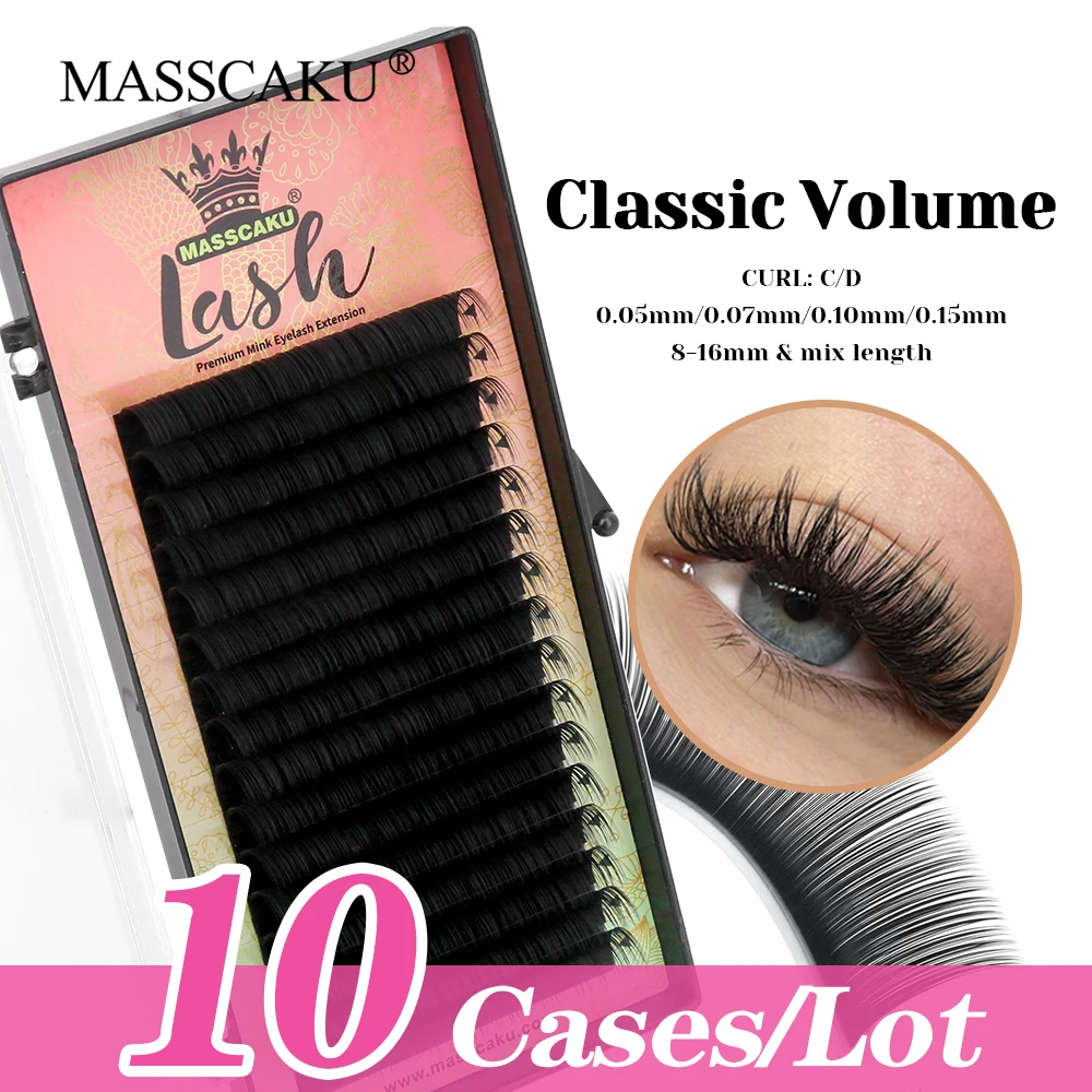 

10cases/lot MASSCAKU 8-16mm and Mix Size Premium Velvet Fiber Regular Lashes Fluffy Korean PBT Fiber Classic Volume Lash Bundles