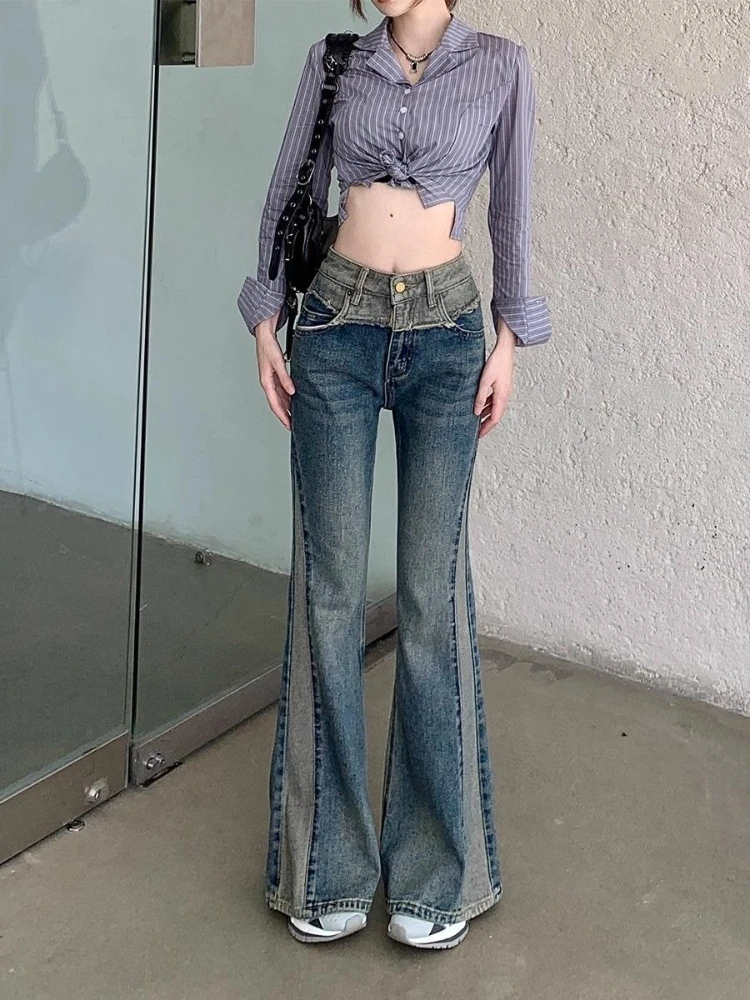 

Women's Flared Jeans 2026 Spring New Y2K Denim Pants Vintage Raw Hem Patchwork Slim Fit Bootcut Trousers Streetwear