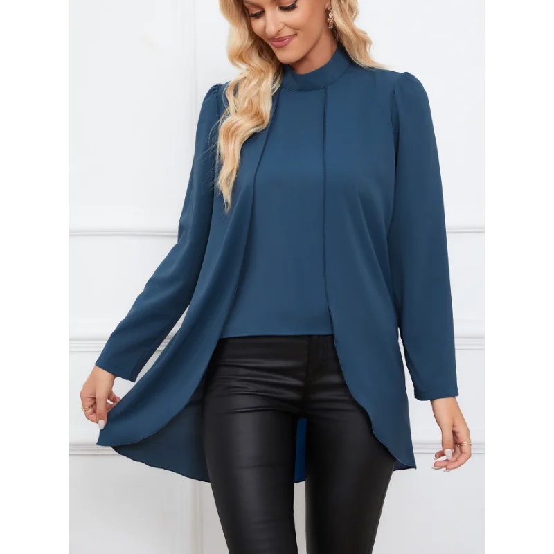 Damska koszula 2w1 z efektem dwóch części, długi rękaw, mały stójka, jednolity kolor, nowość 2025