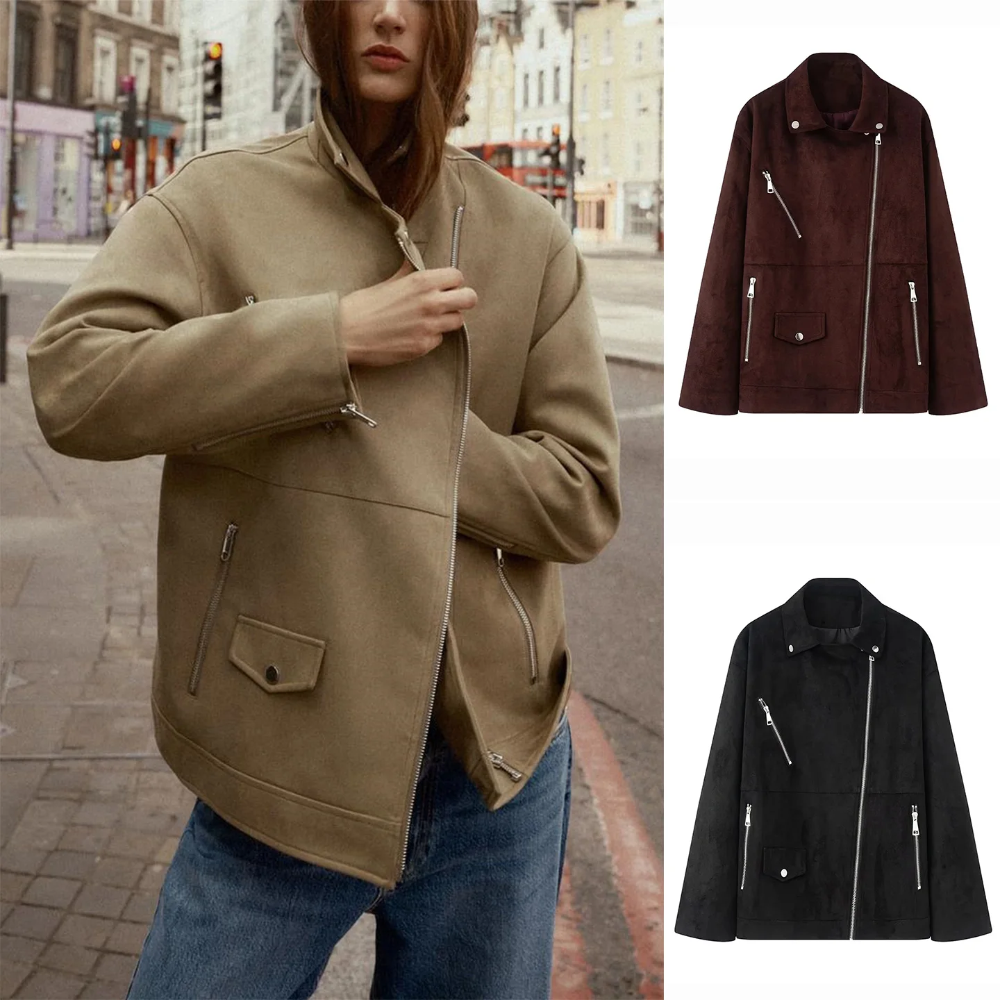 

Осенняя женская байкерская куртка с двойной грудью и металлическим воротником на молнии с эффектом искусственной замши, верхняя одежда из полиэфирного волокна, женское пальто 00%