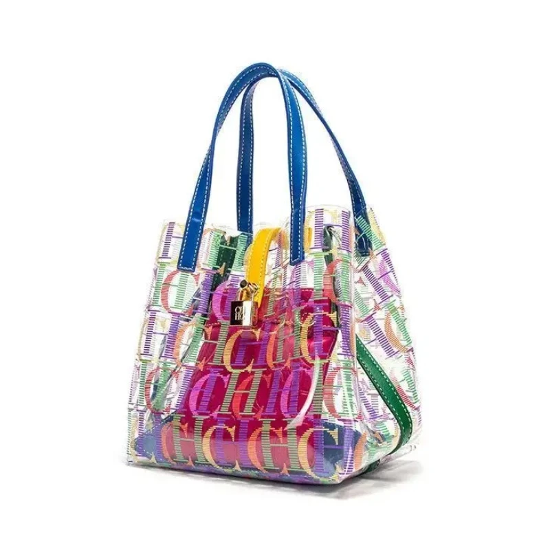 Luxury CH Macaron Color Transparent PVC Tote Bag Letter Print Large Capacity Women Shoulder Handbag for Beach Daily Shopping Bag