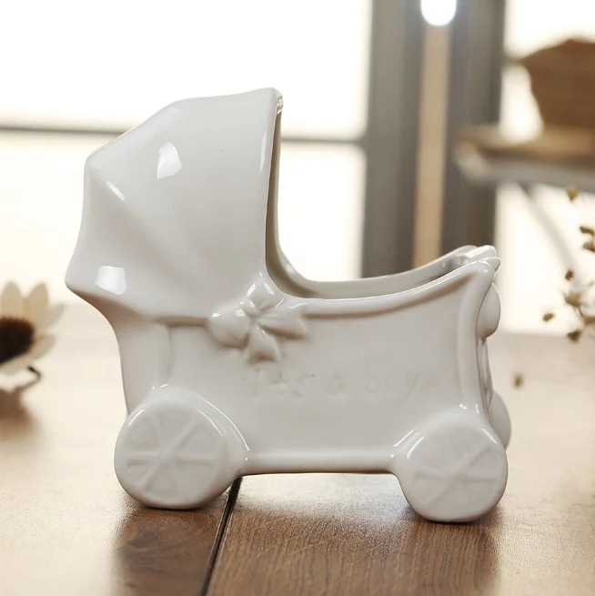 Mini Ceramics Baby Stroller Model Flower Pot Decorative Porcelain Carriage Planter Novelty Ornament Handicraft Accessories