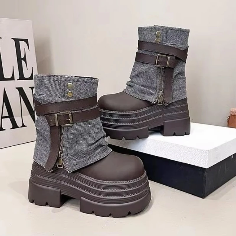10CM Autumn Chunky Short Boots Women High Heels Fashion 2026 Winter Mid Calf Leather Sneakers Trend Belt Buckle Motorcycle Boots