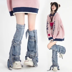 Korean Style Fashion Y2k Leg Warmers Women New Streetwear Bandage Denim Boots Cover Long Knee-high Socks Women's Gaiter Japanese