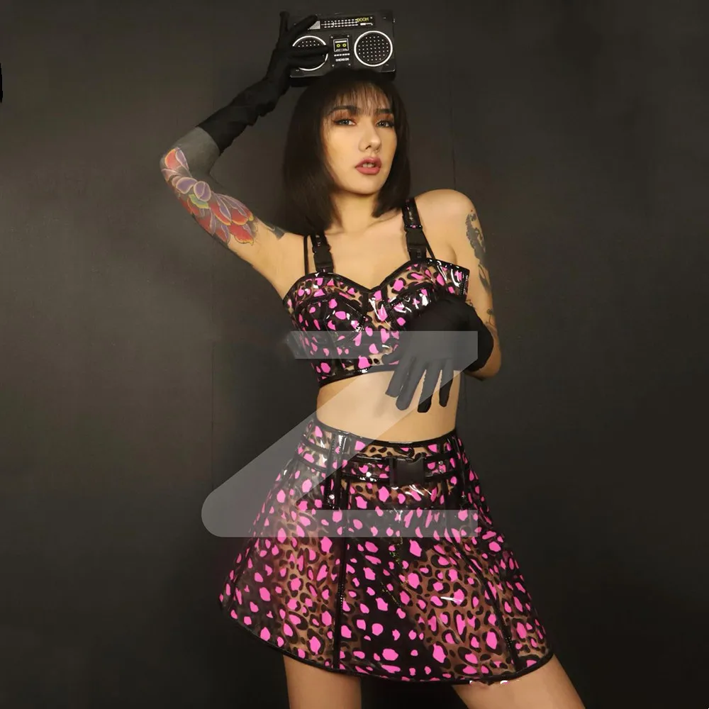 Cute Leopard Colorful Laser Sexy Gogo Dance Costume Women DJ Dancer Team Bar Nightclub Performance Clothes Festival Rave Outfits