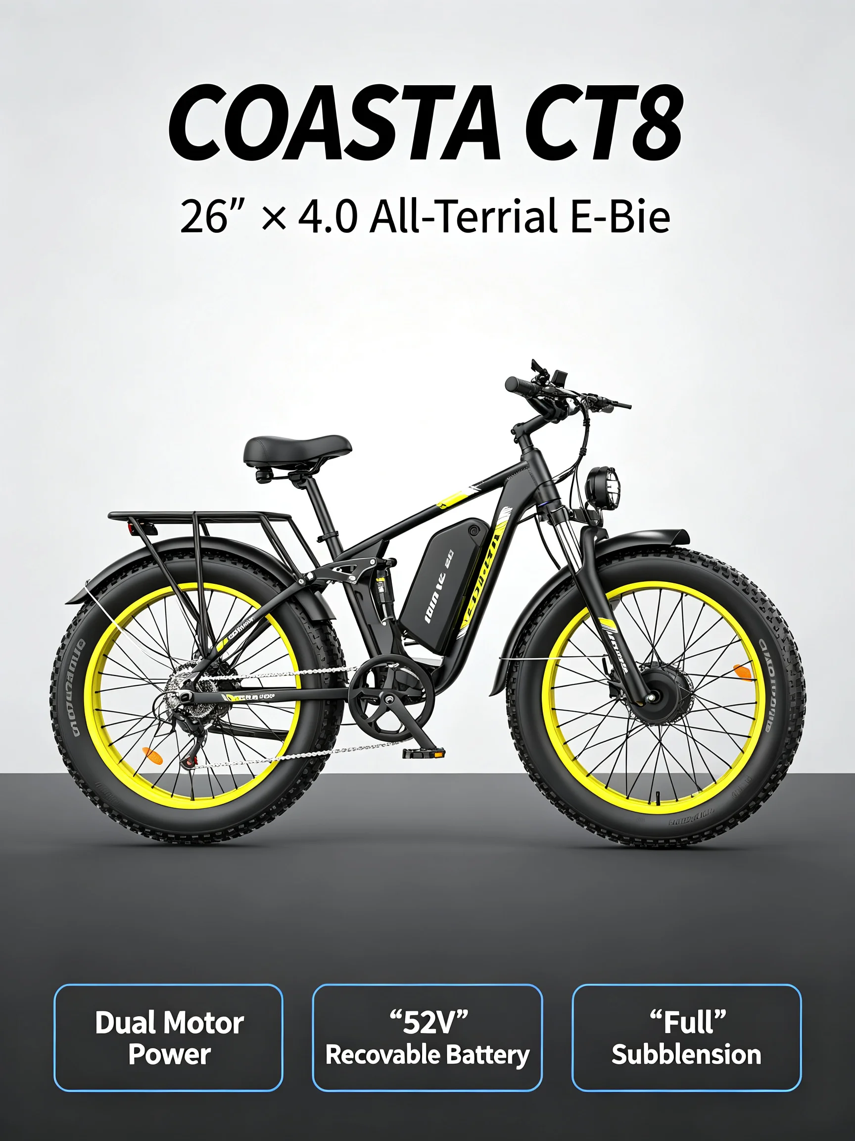 COASTA CT8 Blue 26"×4.0 Fat Tire Electric Bike Dual Motor Full Suspension E‑Bicycle 3000W Peak 60V Removable Battery Hydraulic Disc Brake Shimano 7‑Speed LCD Display LED Headlight Max Load 150KG For Snow Beach Mountain Off‑Road Riding view 8