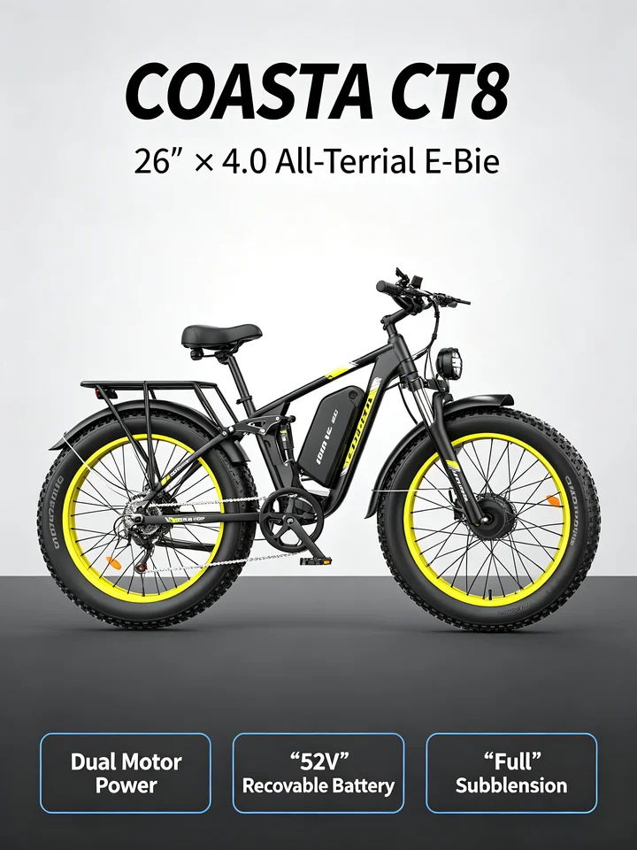 COASTA CT8 Blue 26"×4.0 Fat Tire Electric Bike Dual Motor Full Suspension E‑Bicycle 3000W Peak 60V Removable Battery Hydraulic Disc Brake Shimano 7‑Speed LCD Display LED Headlight Max Load 150KG For Snow Beach Mountain Off‑Road Riding image 8