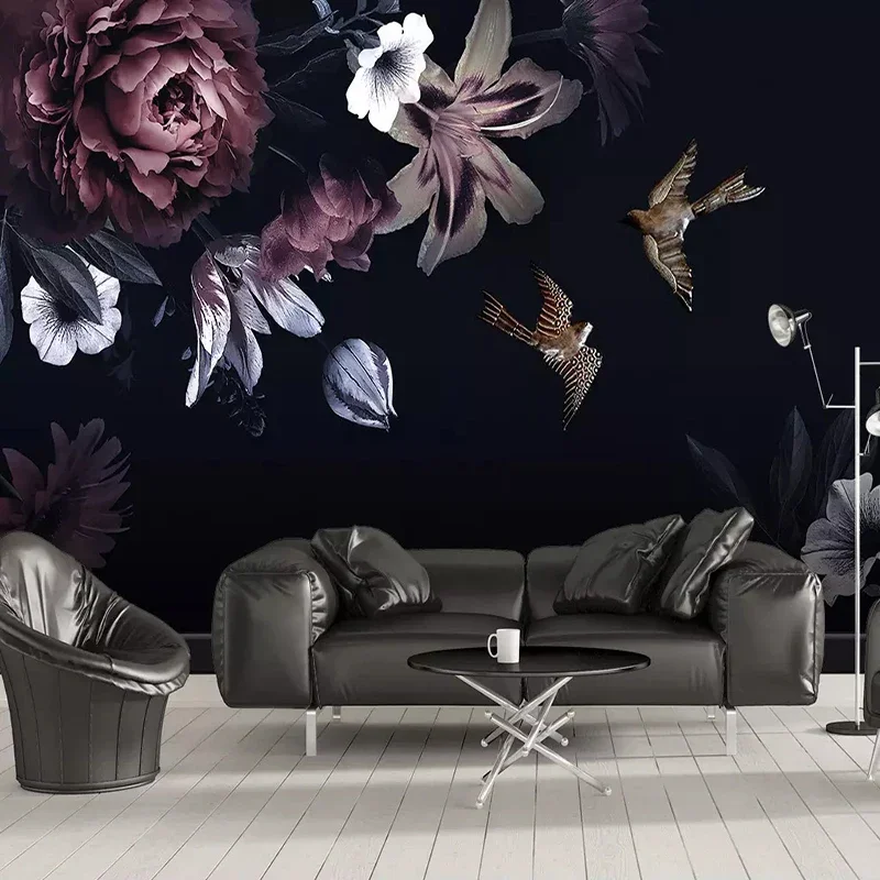 Custom Mural Wallpaper 3D Black Flowers Hand Painted Peony Wall Painting Living Room TV Sofa Background Wall Home Decor Frescoes