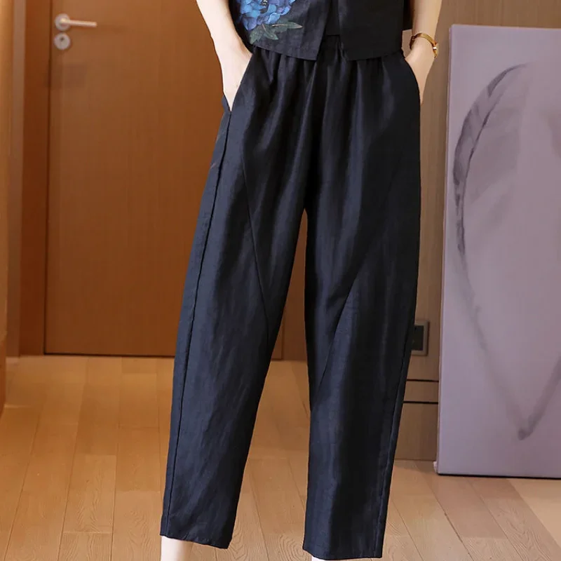 Silk Fragrant Cloud Yarn Small Feet Pants Women's Loose Black Elastic Waist Pocket 9-point Harlan Casual Trousers 2024 Z705