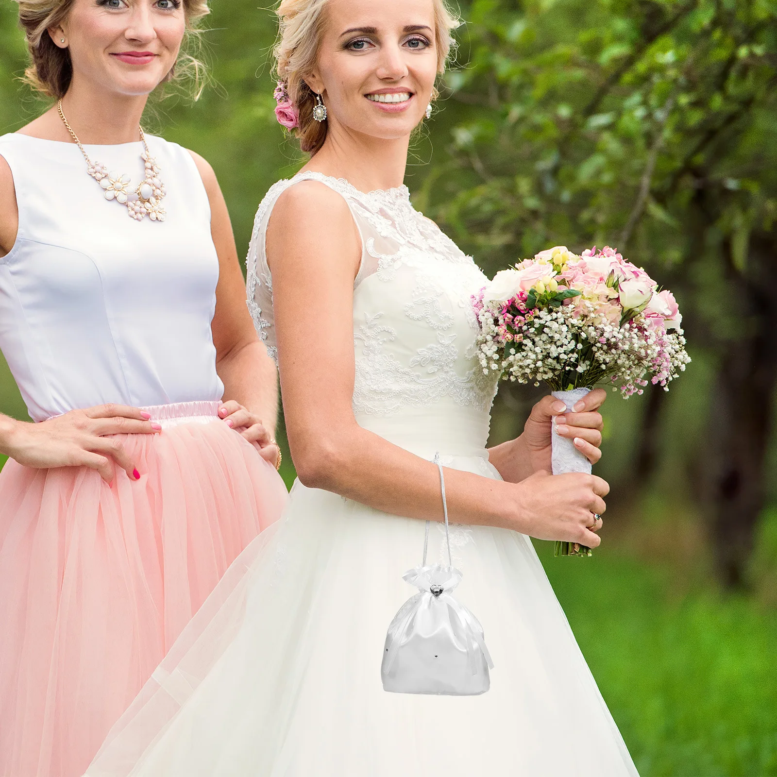 Branco cetim nupcial flor pérola dolly saco 21x22cm presente da dama de honra bolsa de casamento bolsa de noiva saco de dolly da dama de honra