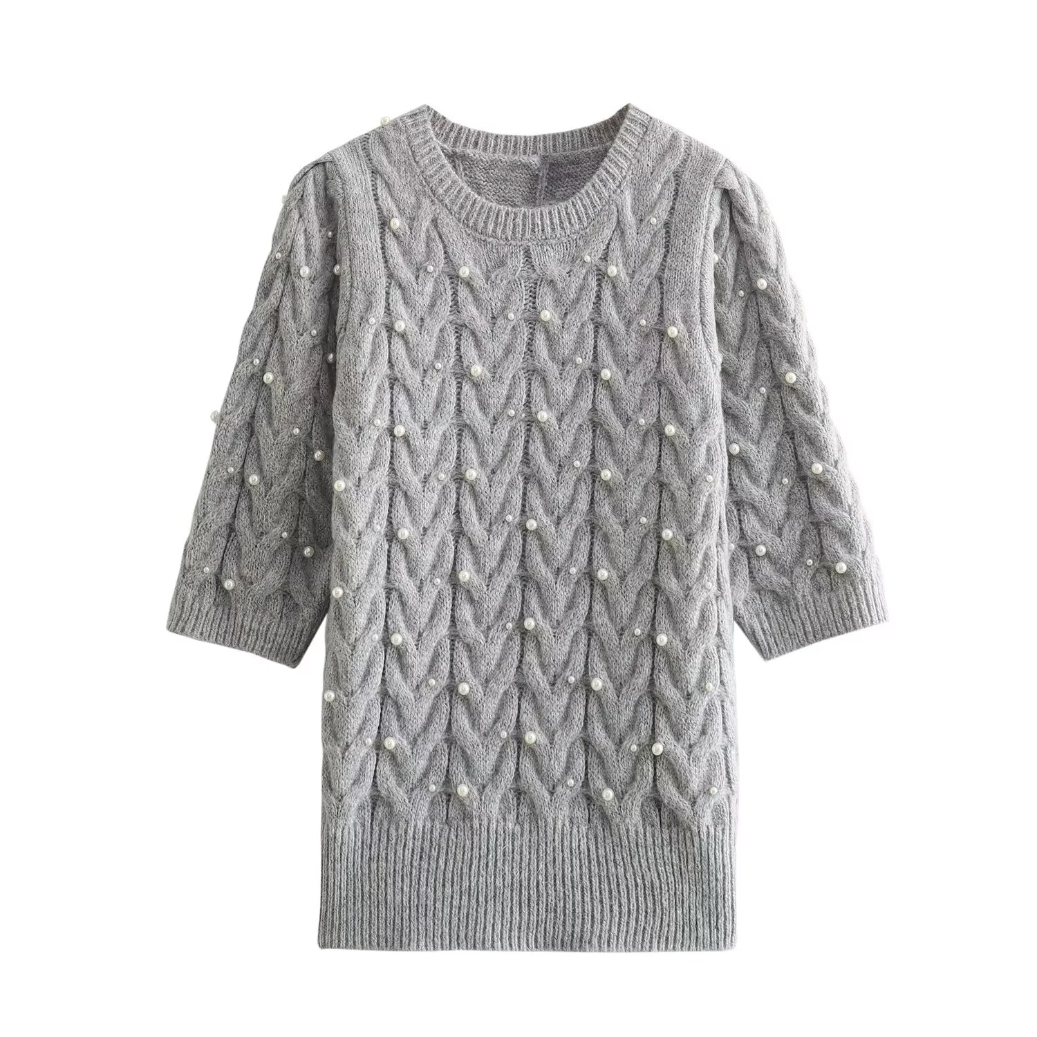 

Temperament beaded round neck short sleeve Fried Dough Twists sweater Korean spring design sense niche chic knitwear top