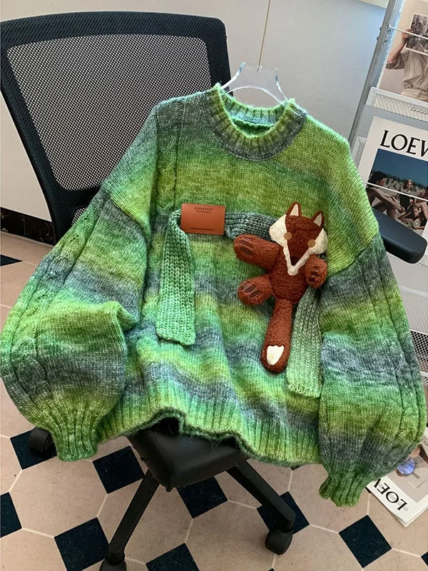 

Вязаный свитер больших размеров 300, женский джемпер, повседневная свободная посадка, длинная теплая верхняя одежда со светом, круглая