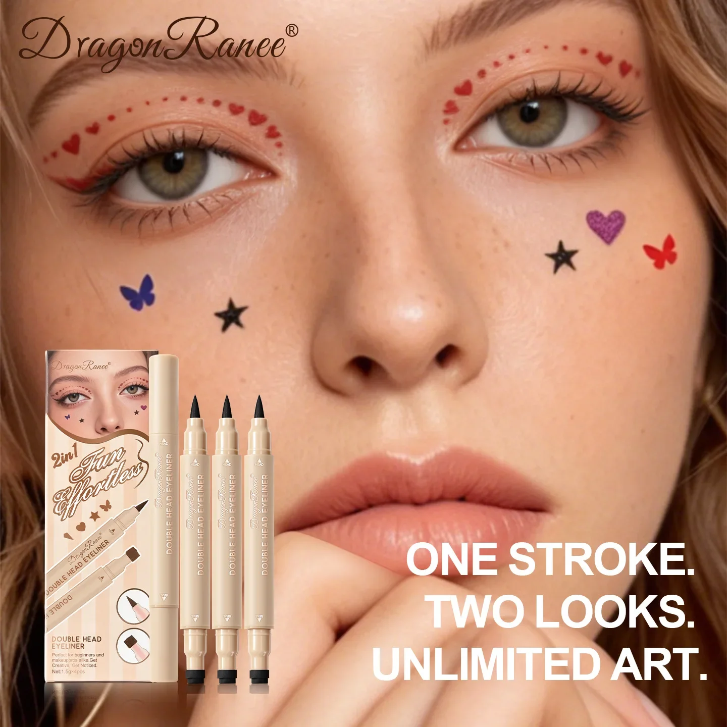 Colorful Liquid Stamp Eyeliner Red Star Heart Butterfly 2 in 1 Eye Liner Pencil Purple Pink Waterproof Eye Template Makeup Tool
