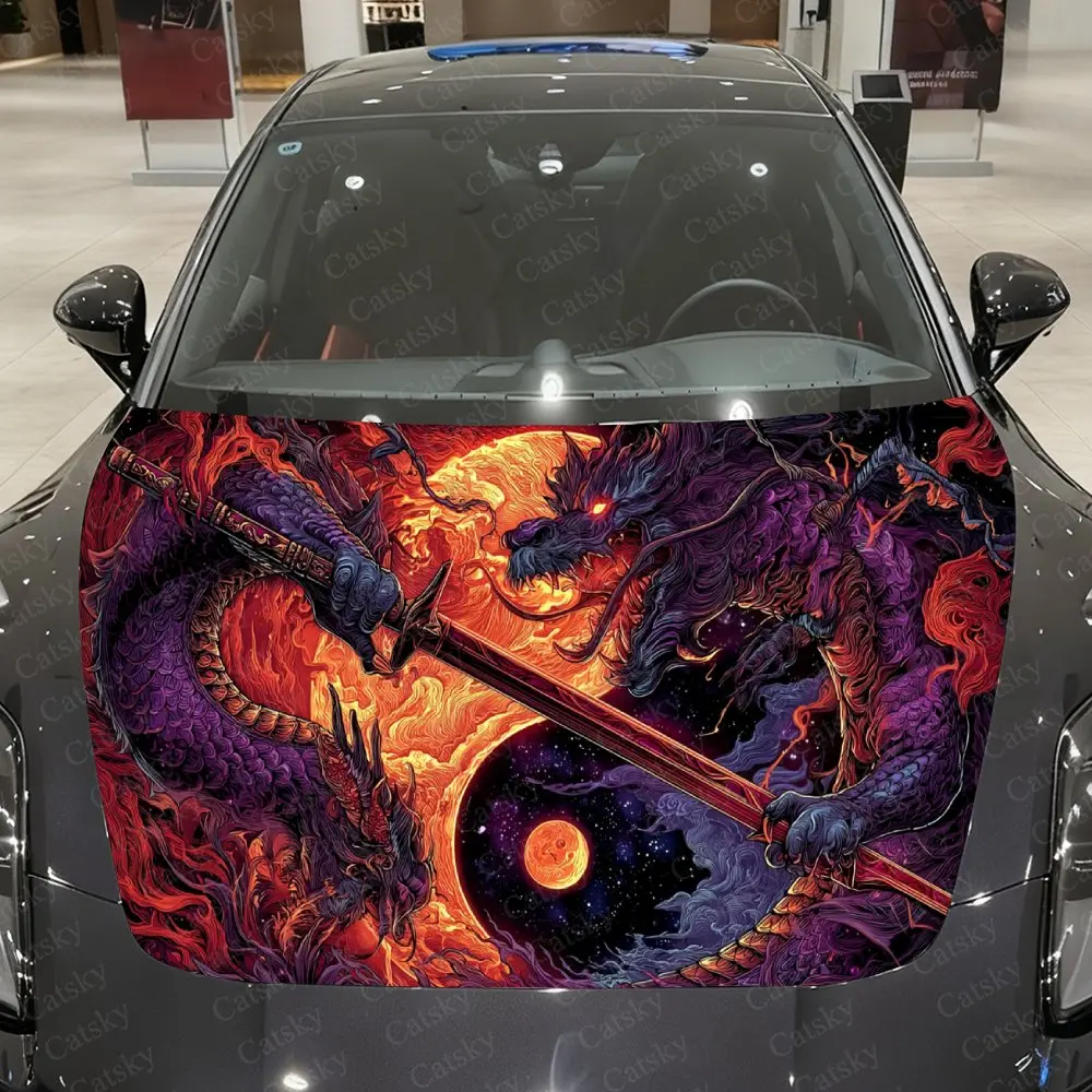 Crimson Moon Dragon Dance Katana Car Vinyl Wrap, PVC Waterproof Car Hood Sticker, Self-Adhesive Scratch-Resistant Stickers