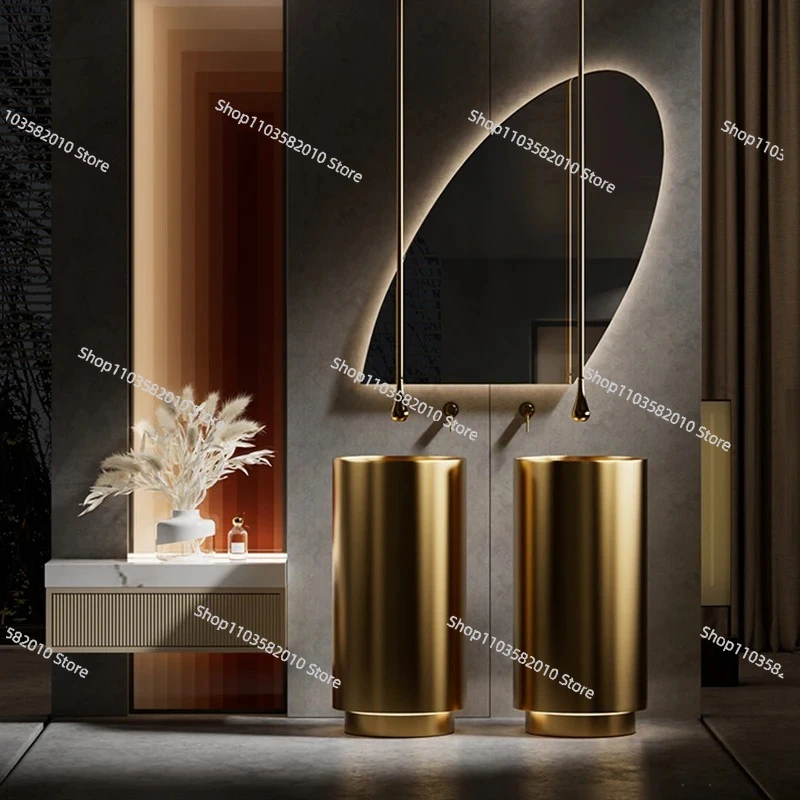 Stainless Steel Bathroom Sink Pedestal Bathroom Washbasins High-end Designer Floor-standing Integrated Round Wash Basin