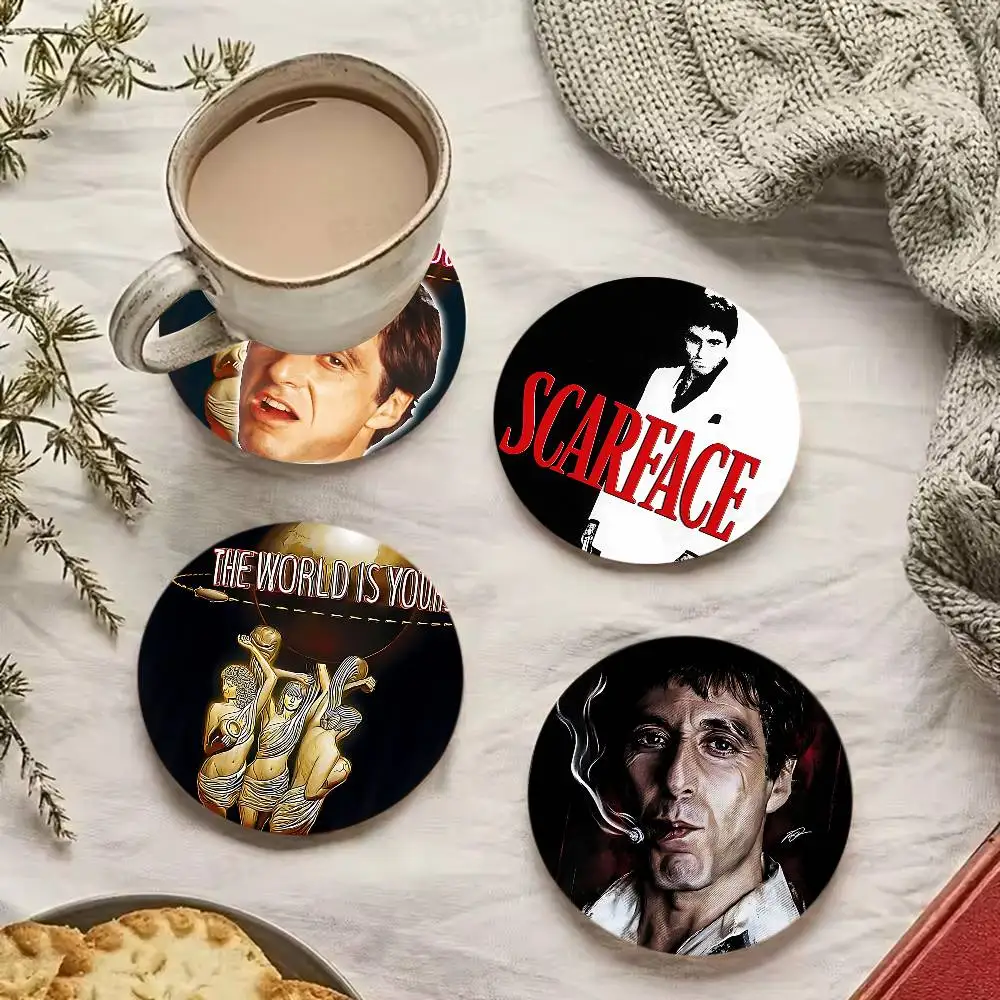 Classic S-Scarface Film Coasters Suitable for daily family gathering decoration, kitchen, anti-slip wooden coasters