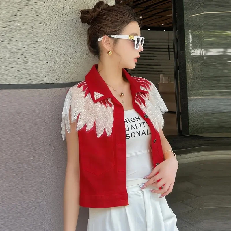 

Женская джинсовая куртка-жилет с бахромой и сетчатыми вставками в стиле Heavy Industry, новинка 2026 года, весна-лето-осень, короткая